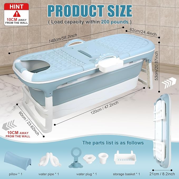 Portable Bathtub for Adult, Large Collapsible Tub, Portable Tub for Adults, Tub for Shower, Sweat Steaming Spa Sweat Steaming Bathtub, Effortless Folding Bathtub, Hot Bath, Ice Bath (58 in)