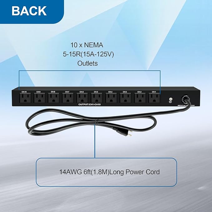 10 NEMA 5-15R Outlet Surge Protector PDU, 120V 15A 3600J 10KA, 1U Rack Mount - Image 3