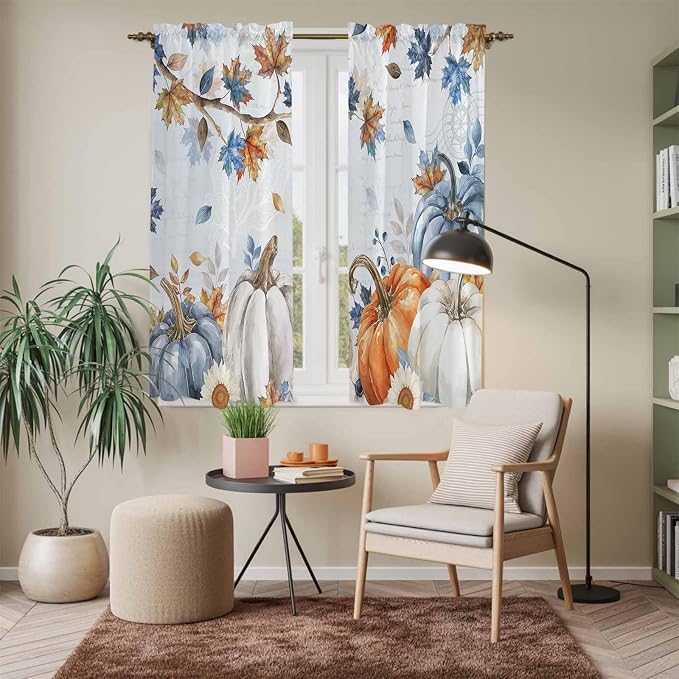 Fall Blue Maple Window Curtains 63 Inch Long 2 Panel Set, Rod Pocket Bedroom - Image 7