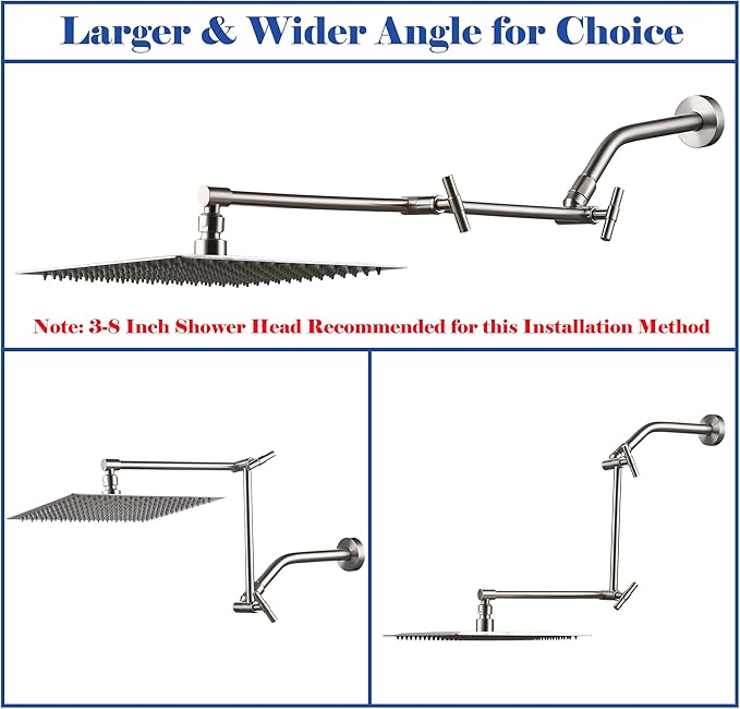 Brushed Nickel Shower Arm Extension - 13'' Adjustable Height & Range, Locking Nuts, Universal Connector for Rain & Handheld Shower Heads