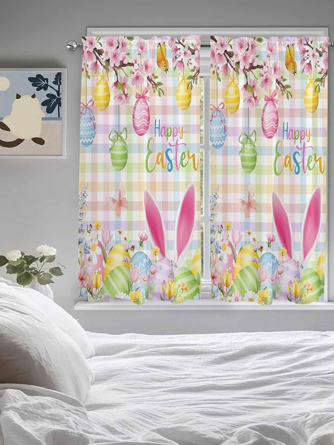 Happy Easter Bedroom Curtains 63 Inches length, Spring Bunny Colorful Eggs - Image 5