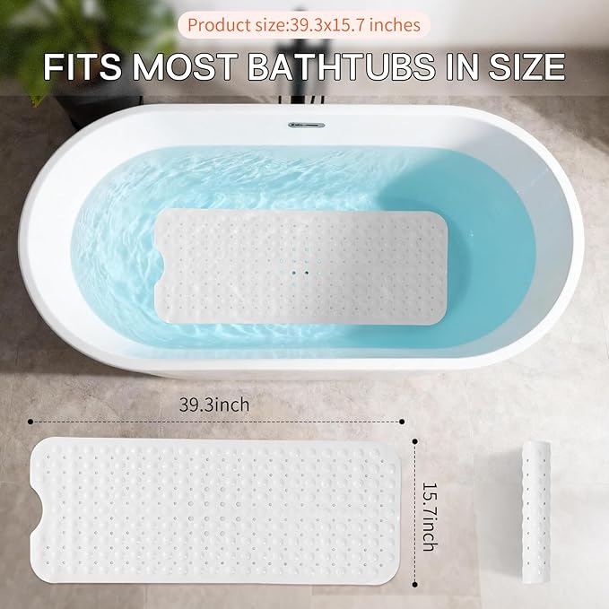 Anti-Slip Bathtub Shower mat, 39.3×15.7 inch（Approximately 100 × 40cm） Soft Oversized Machine Washable Non-Slip Bathtub mat with Drainage Holes, Bathroom Floor Suction Cup.（1-Opaque White）
