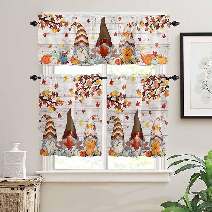 Fall Gnomes Kitchen Curtain Set, Thanksgiving Maple Leaf Grey Wood Grain Window - Image 2