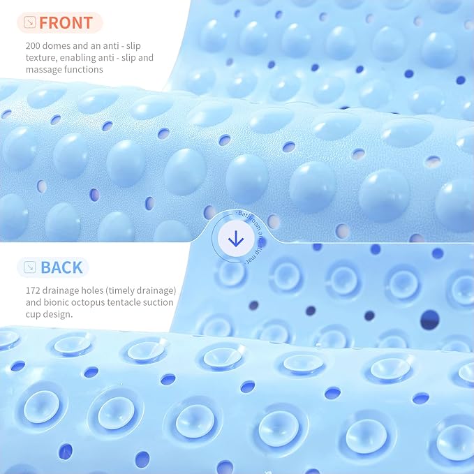 Anti-Slip Bathtub Shower mat, 39.3×15.7 inch（Approximately 100 × 40cm） Soft Oversized Machine Washable Non-Slip Bathtub mat with Drainage Holes, Bathroom Floor Suction Cup.（1-Opaque Light Blue）
