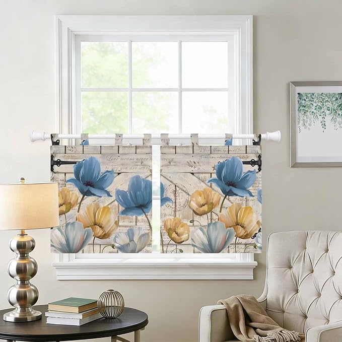 Blue Yellow Tulips Kitchen Curtains 36 Inch Length, Small Window Curtains Tab - Image 2