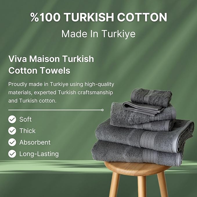 100% Turkish Cotton Towel Set of 6 - Soft, Plush & Super Absorbent - Premium Set with 2 Bath Towels, 2 Hand Towels, and 2 Washcloths - Made in Turkey (Dark Gray, 6-Piece Towel Set)