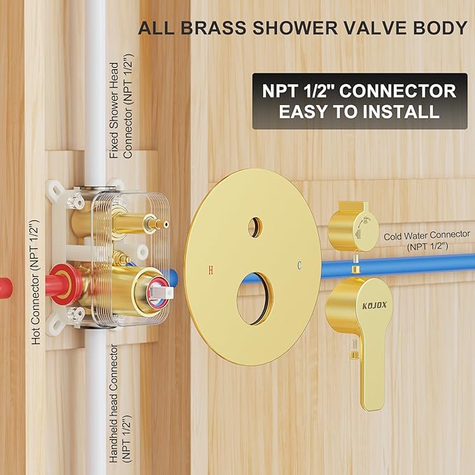 KOJOX Shower Set - Brushed Gold Finish, Powerful High Pressure Showerhead System with 3 Adjustable Settings and Handheld Capability, Valve Included