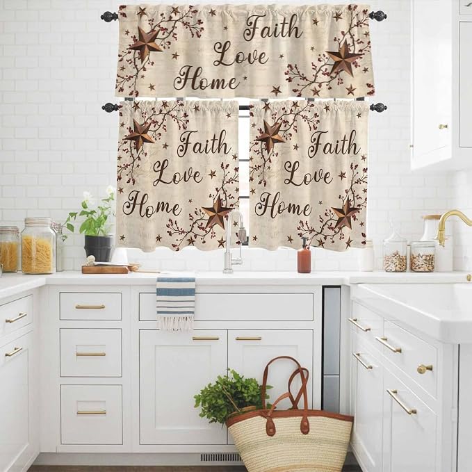 Kitchen Curtains Tiers and Valance Set of 3, Retro Country Stars Rustic - Image 3
