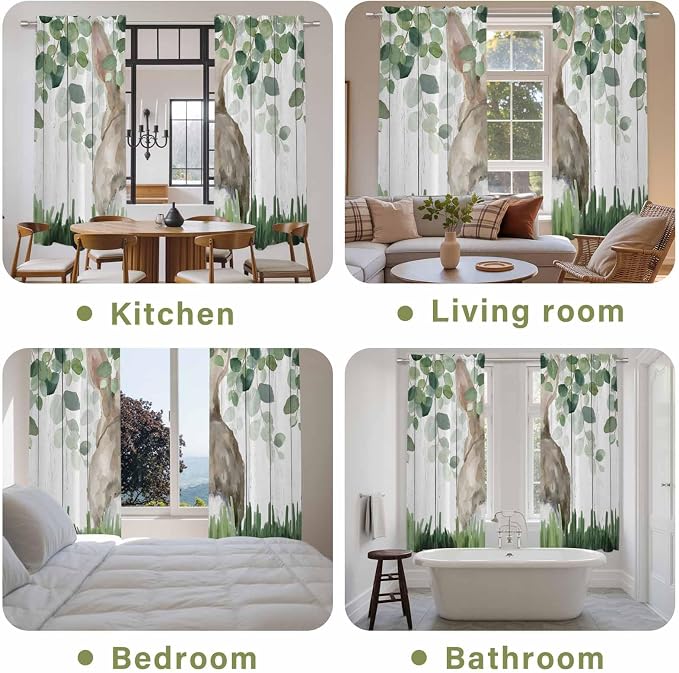Easter Kitchen Curtains, Country Rabbit Botanical Leaves Wooden Grain Light - Image 8
