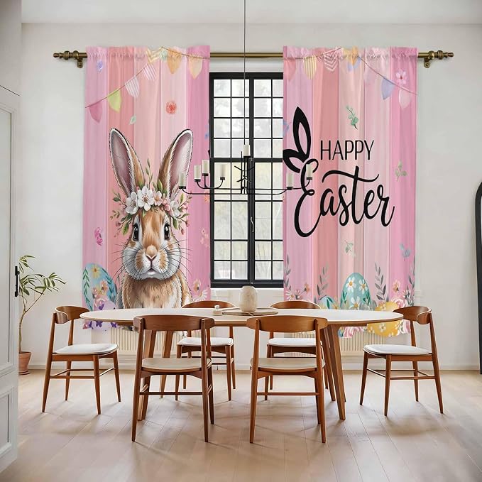 Easter Kitchen Curtains, Spring Rabbit Eggs Flowers Flags Leaves Wood Grain - Image 2