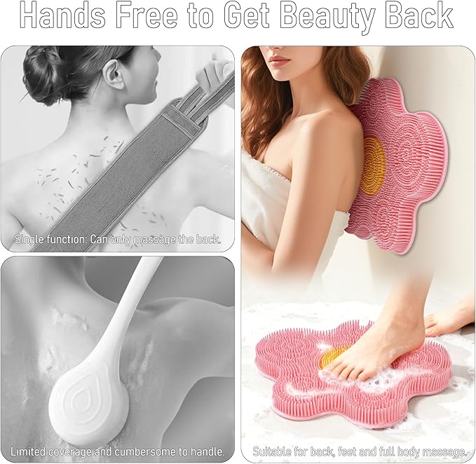 Shower Foot Scrubber Mat Silicone, Back Scrubber Exfoliating Washer Pad Wall-Mounted, Large Feet Clean Message with Suction Cups for Wall Smooth Floor - Extra long & Soft Bristles without Bending Pink