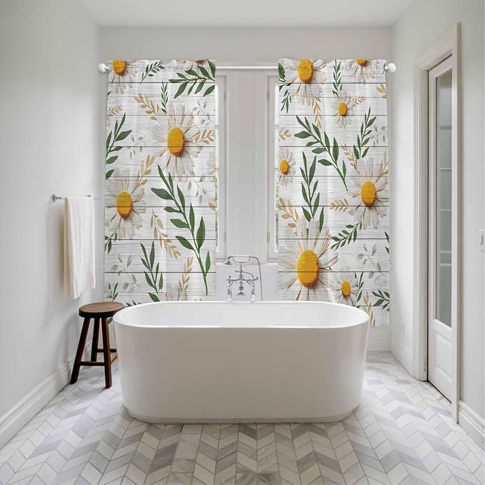 Spring Daisy Kitchen Curtains, Farmhouse Country Flower Leaf Plant Wood Grain - Image 5