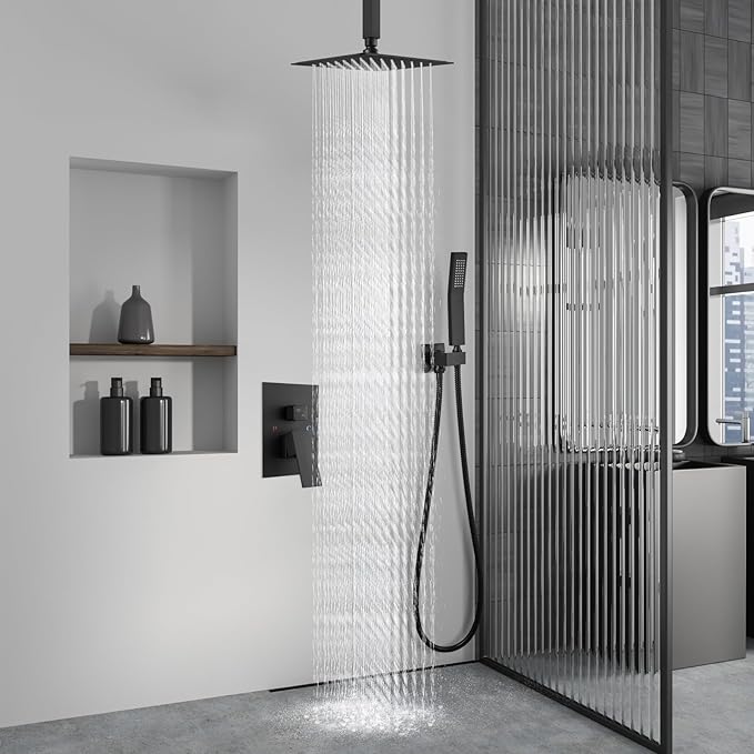 Aolemi Ceiling Mount Rain Shower Head & Handheld Spray with Robust Valve & Trim Kit - Matte Black, 8 Inch Head