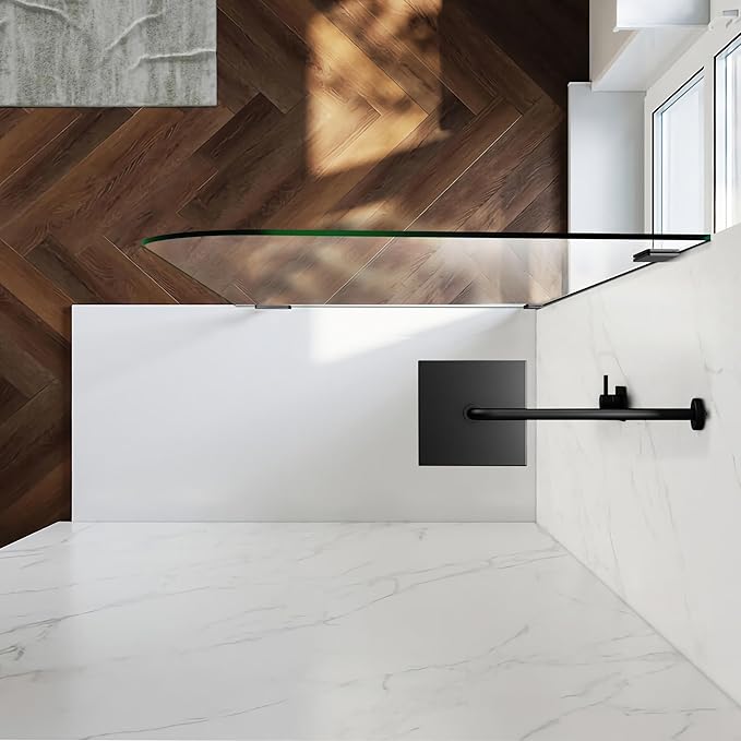Frameless Shower Door, 36" W ×78" H Fixed Shower Glass Panel with Clamps, 3/8" (10mm) Glass Shower Doors, Clear Tempered Bathroom Shower Screen in Matte Black