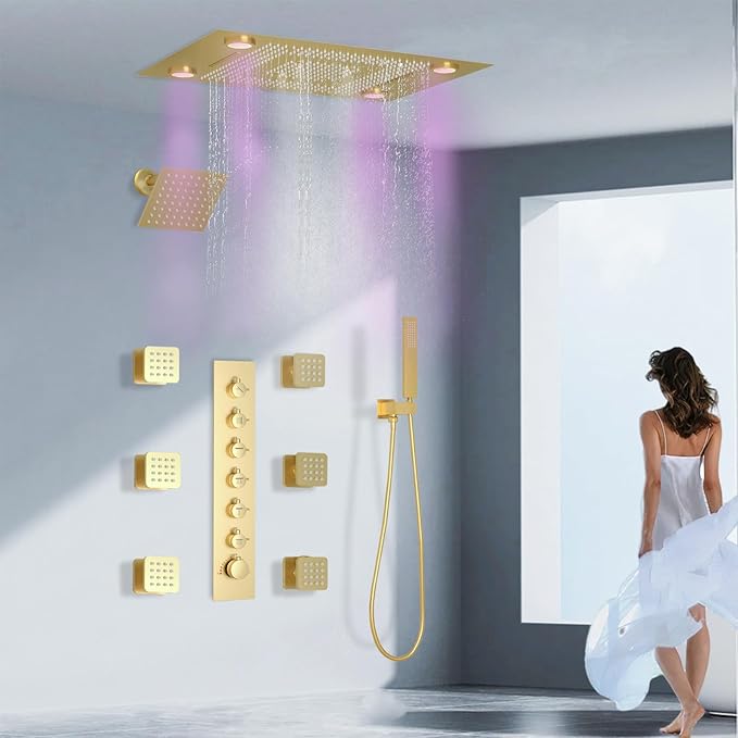 24x32 LED Dual Head Shower System 24"x32" Ceiling Mount Shower Head Thermostatic Shower System Rainfall Shower Set with 6 Inches Shower Head and 6 Body Jets High Pressure Shower Handheld