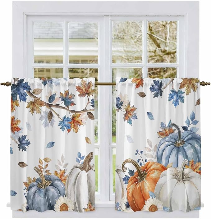 Navy Blue Pumpkin Fall Kitchen Curtains 45 Inch Long 2 Panel Set, Rod Pocket - Image 2