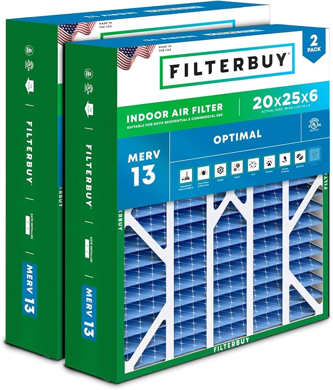 Filterbuy 20x25x6 Air Filter MERV 13 Optimal Smoke & Allergy Defense, Pleated by Filterbuy