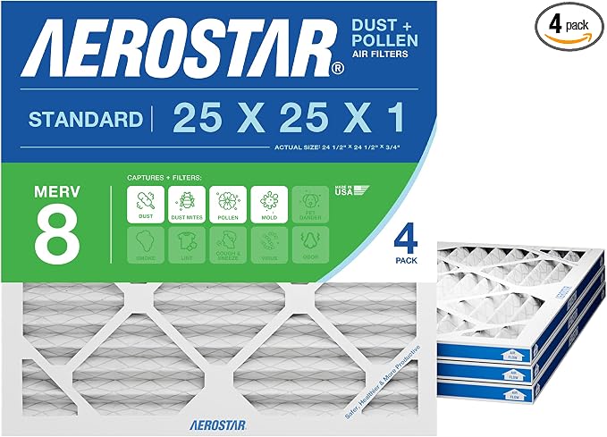 Aerostar 25x25x1 MERV 8 High Efficiency Pleated Air Filter, Electrostatic AC by AirFiltersDelivered
