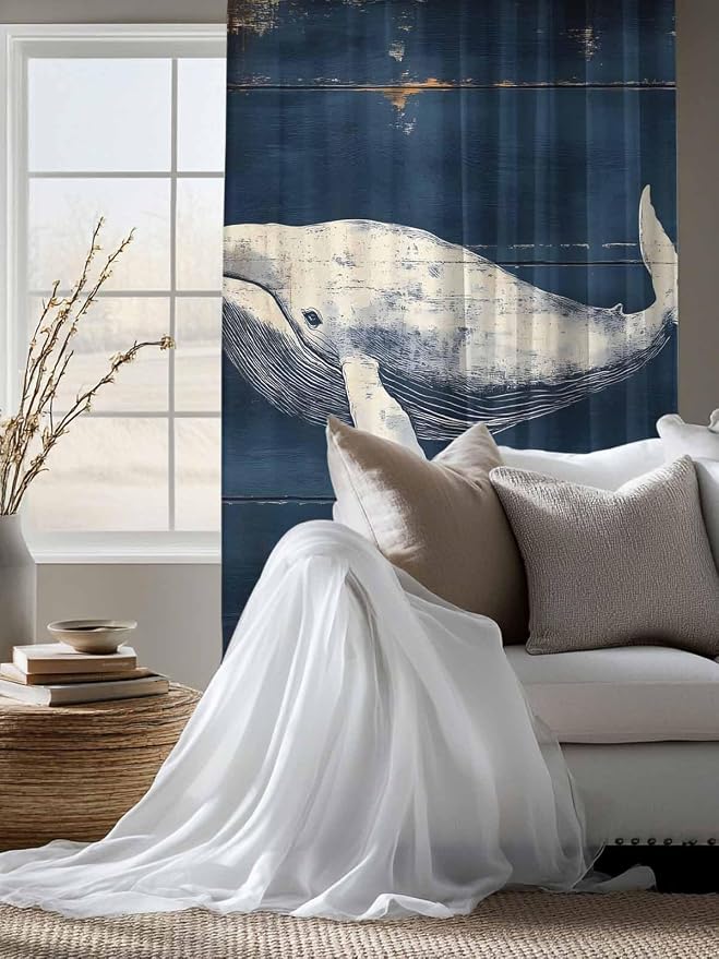 Sheer Curtains 72 Inches Long, Ocean Vintage Whale Semi Sheer Curtains Light - Image 4