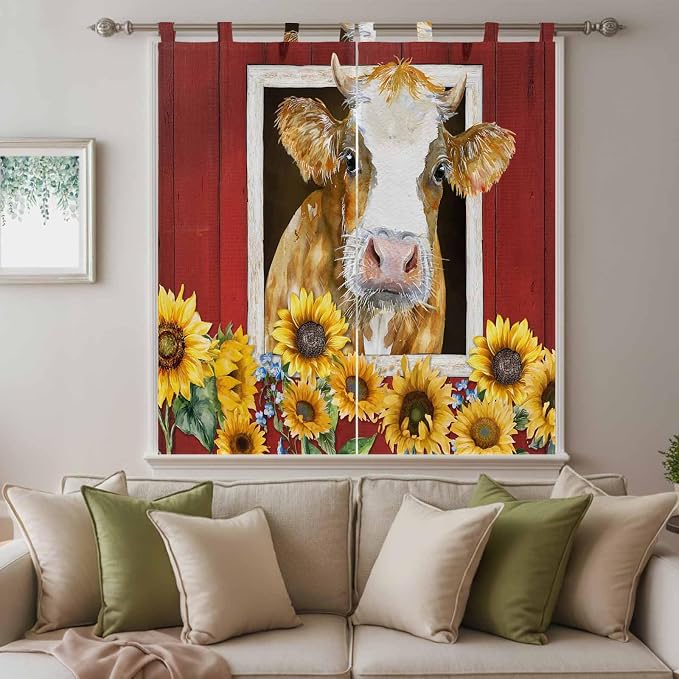Cows Sunflowers Living Room Curtains 84 Inch Length, Window Curtains Tab Top - Image 9