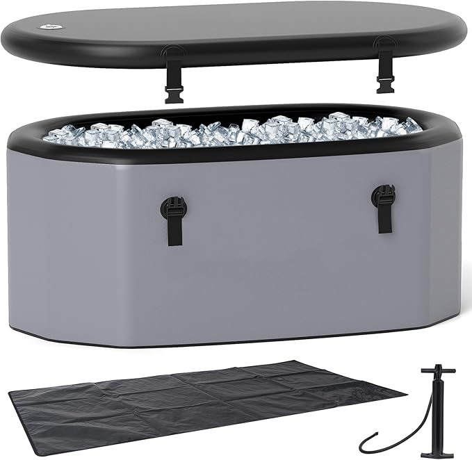 Goplus XL 129 Gal Oval Ice Bath Tub for Athletes, Inflatable Cold Plunge Tub w/Multiple Layered, Lid, Pump, Backpack, Water Chiller Compatible Portable Freestanding Ice Bath for Adults (Gray)