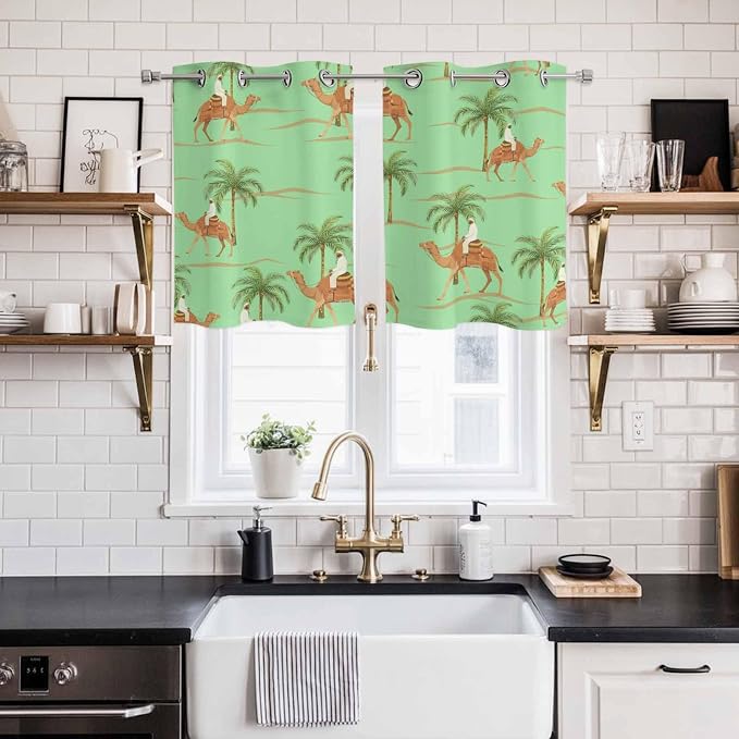 2 Panel Kitchen Cafe Curtains, Desert Camels Sunlight Filtering Nature Air - Image 2