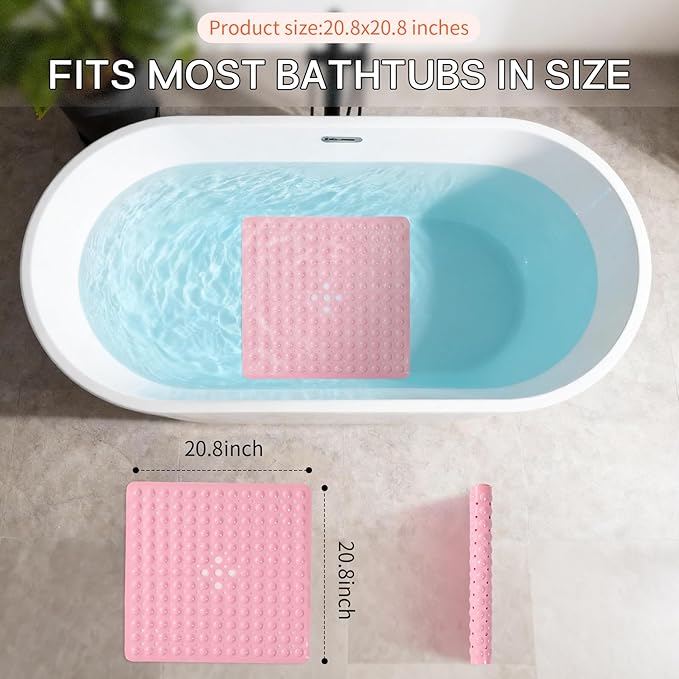 Anti-Slip Bathtub Shower mat, 20.8×20.8（Approximately 53×53cm） inch Soft Oversized Machine Washable Non-Slip Bathtub mat with Drainage Holes, Bathroom Floor Suction Cup.（1-Opaque Pink）