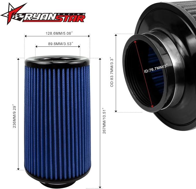 RYANSTAR RACING 76mm 3" High Flow Round Tapered Cone Cool Air Filter Cleaner - Image 2