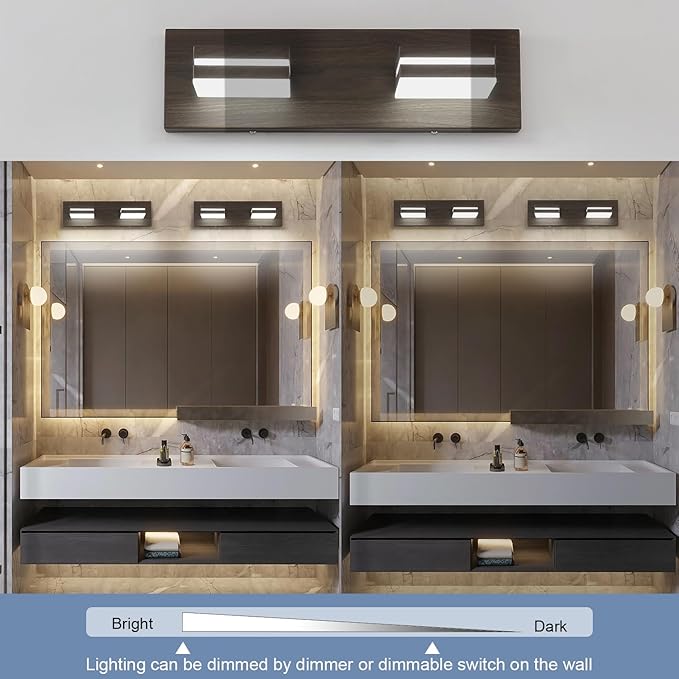 SineRise LED Modern Bathroom Vanity Light Fixtures (2-Light, 15.5-Inch, Dimmable), Brown Wood Painted Modern Acrylic Bathroom Wall Lighting Fixtures Over Mirror (Cool White 6000K)
