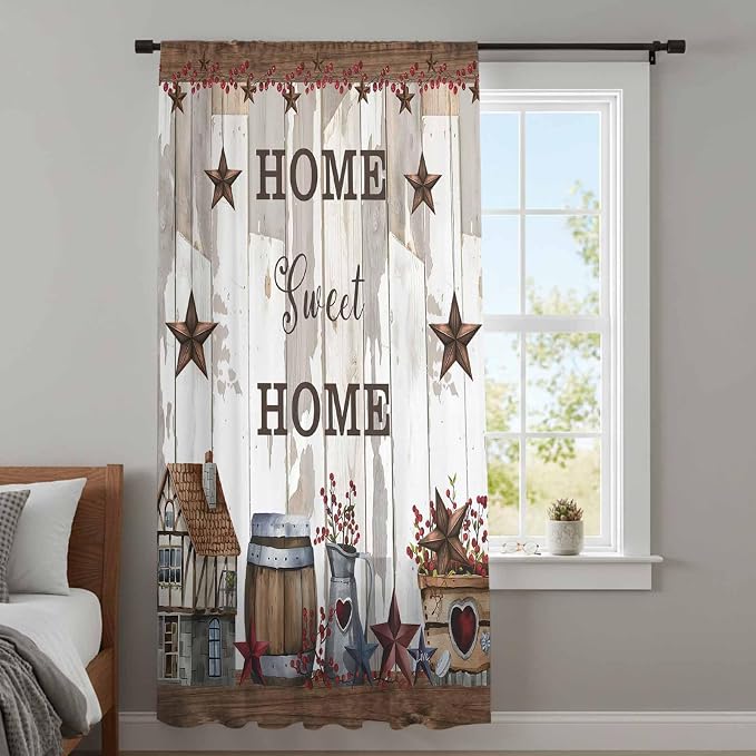 Farmhouse Sheer Curtains 96 Inch Length Retro Country Star Berry Vintage Wood - Image 4