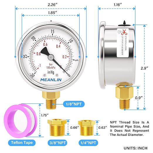 MEANLIN MEASURE -30inHG~0Psi Vacuum Gauge Stainless Steel 1/8" NPT 2" FACE DIAL - Image 2