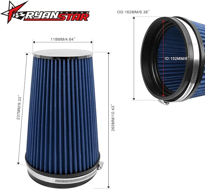 RYANSTAR RACING 152mm 6" High Flow Round Tapered Cone Closed-Top Washable - Image 2