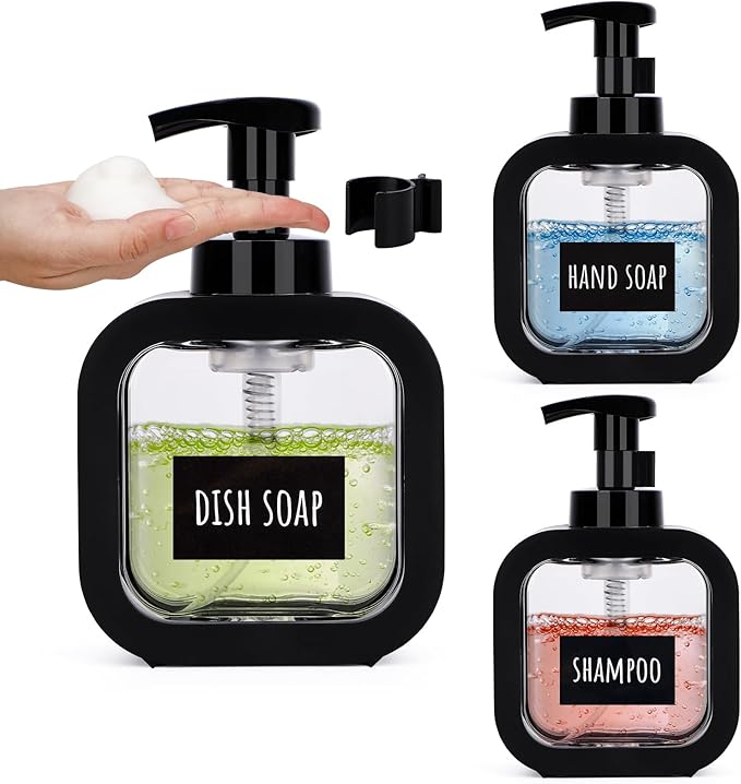 Segbeauty 10.1oz Black Foaming Soap Dispenser for Bathroom, 3pcs 300ml Empty Square Refillable Dish Soap Dispenser for Kitchen Sink Cleaning, Plastic Shampoo Shower Pump Bottles Dispenser with Labels