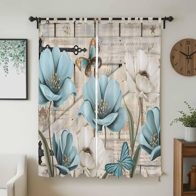 Teal Blue Tulips Living Room Curtains 96 Inch Length, Window Curtains Tab Top - Image 2