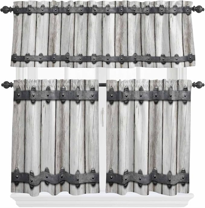Farmhouse Rustic Kitchen Curtain Set, Vintage Country Wooden Grain Window by Unknown