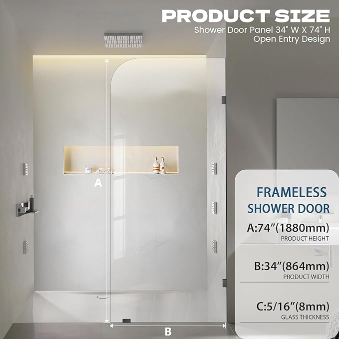 34" W ×74" H Shower Glass Panel, Frameless Fixed Glass Shower Panel with Clamps, 5/16"(8mm) Thick Clear Tempered Shower Door, Bathroom Shower Screen in Matte Black