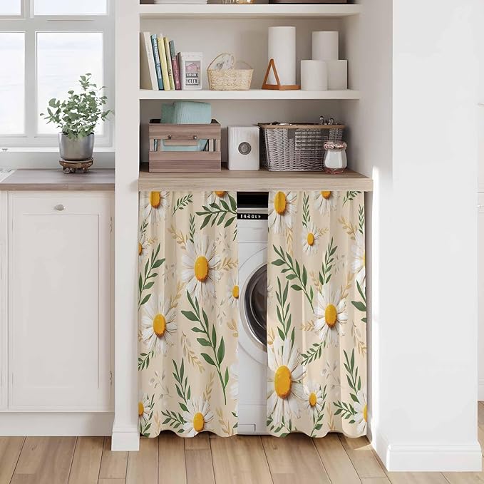 Spring Daisy Kitchen Curtains, Country Watercolor Flower Leaf Plant Light - Image 7