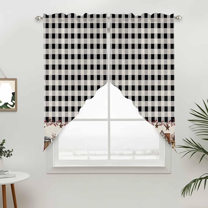 Swag Curtain Valances for Kitchen Windows, Farm Wooden House Black Buffalo - Image 6