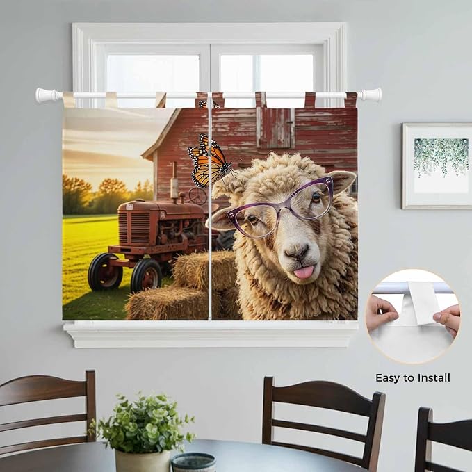 Farm Sheep Kitchen Curtains 45 Inch Length, Short Cafe Window Curtains Tab Top - Image 4
