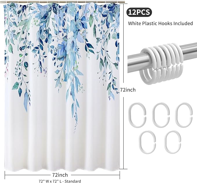 Colorful Star Blue Eucalyptus Waterproof Shower Curtain Set with Hooks, Minimalist Watercolor Floral Print Bathroom Décor, Plant Leaves Washable Fabric Shower Curtain, 72 x 72 Inch