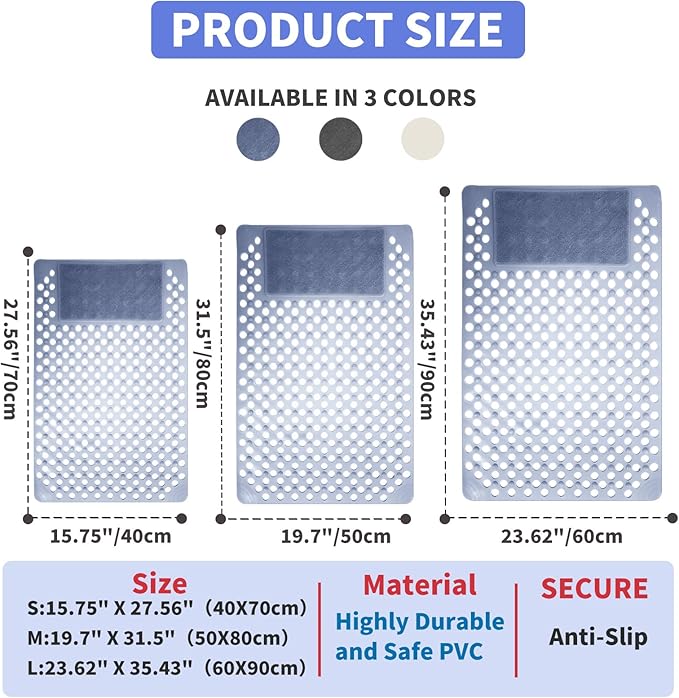 Bath Tub Shower Mat with Soft Shower Foot Scrubber Mat for Massage,Non Slip Bathtub Mat with Strong Suction Cups, Silicone Shower Foot Scrubber Mat (Dusty Blue, 31.5" X 19.7"(Rectangular))