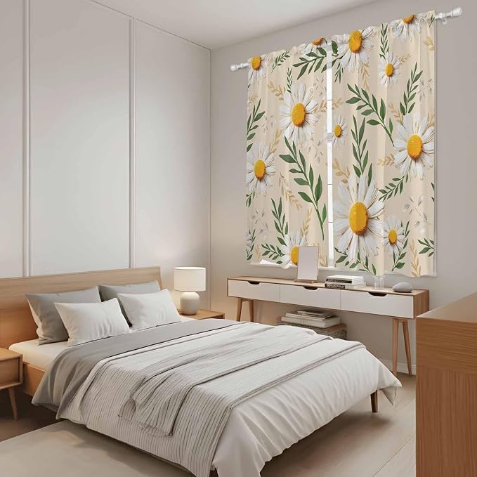 Spring Daisy Kitchen Curtains, Country Watercolor Flower Leaf Plant Light - Image 4