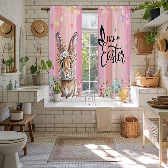 Easter Kitchen Curtains, Spring Rabbit Eggs Flowers Flags Leaves Wood Grain - Image 5