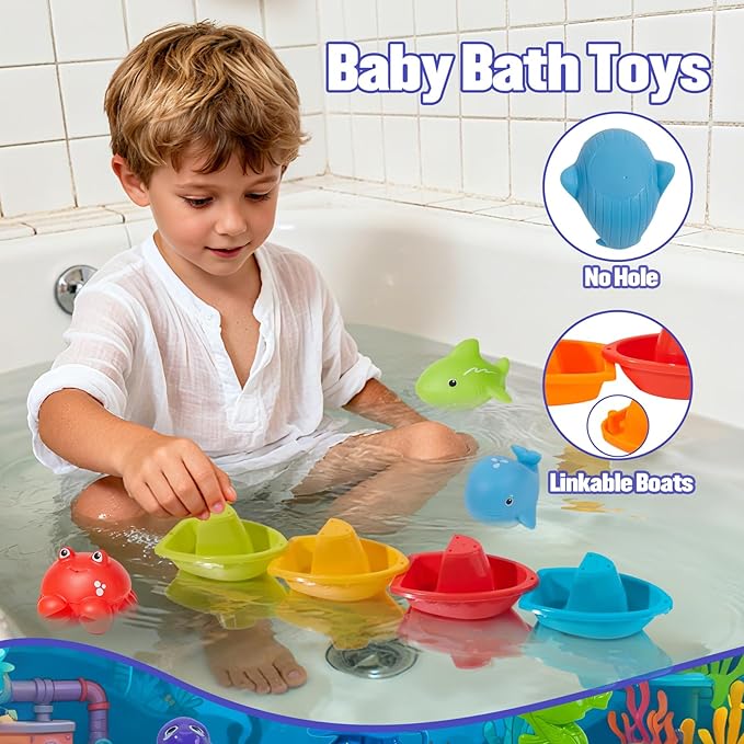 Bath Toys for Kids Ages 1-3, 22 PCS Mold-Free Toddler Bath Toys with Fishing Toy Game Fishing Pole Rod Net & Boats& No Hole Tub Toys with Mesh Bag, Water Pool Toys for Kids Ages 1 2 3 4 5 6 Years Old