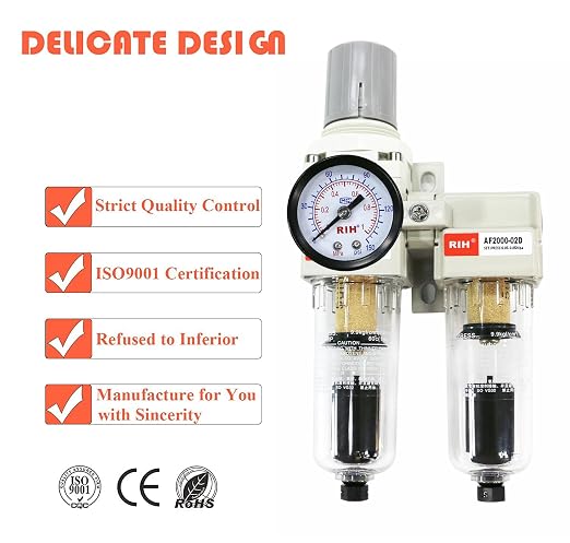 RIH Pneumatics 1/4'' NPT Auto Drain Compressed Air Double Filter & Regulator - Image 4
