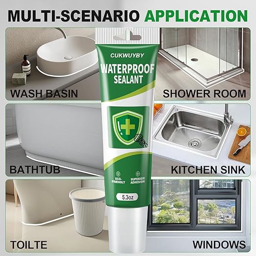 1 Pack Silicone Caulk 5.3 Oz Squeeze Tube Waterproof Silicone Sealant for Kitchen Bathroom Stronger Adhesion White Caulk for Window Toilet Sink Door Caulking Sealant with Tape and Scraper