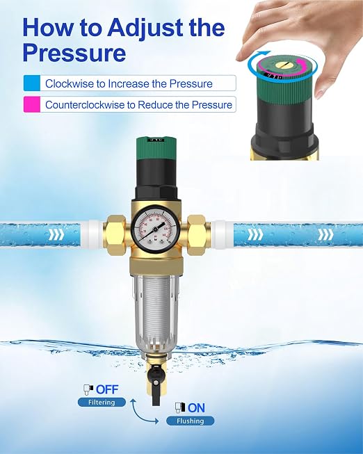 Spin Down Sediment Filter with Water Pressure Regulator, 2 in 1 Whole House - Image 2