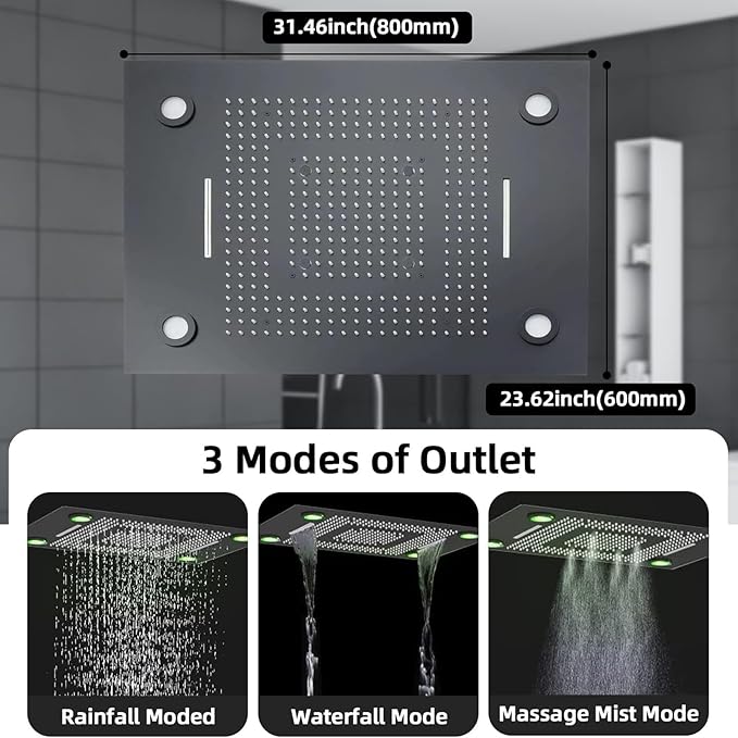 24x32 LED Dual Head Shower System 24"x32" Ceiling Mount Shower Head Thermostatic Shower System Rainfall Shower Set with 6 Inches Shower Head and 6 Body Jets High Pressure Shower Handheld