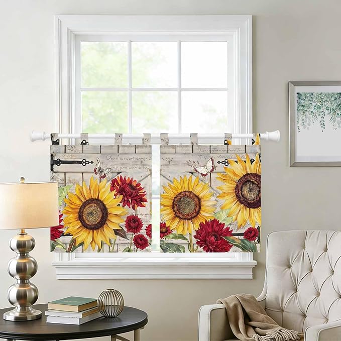 Red Yellow Sunflowers Kitchen Curtains 36 Inch Length, Small Window Curtains - Image 2