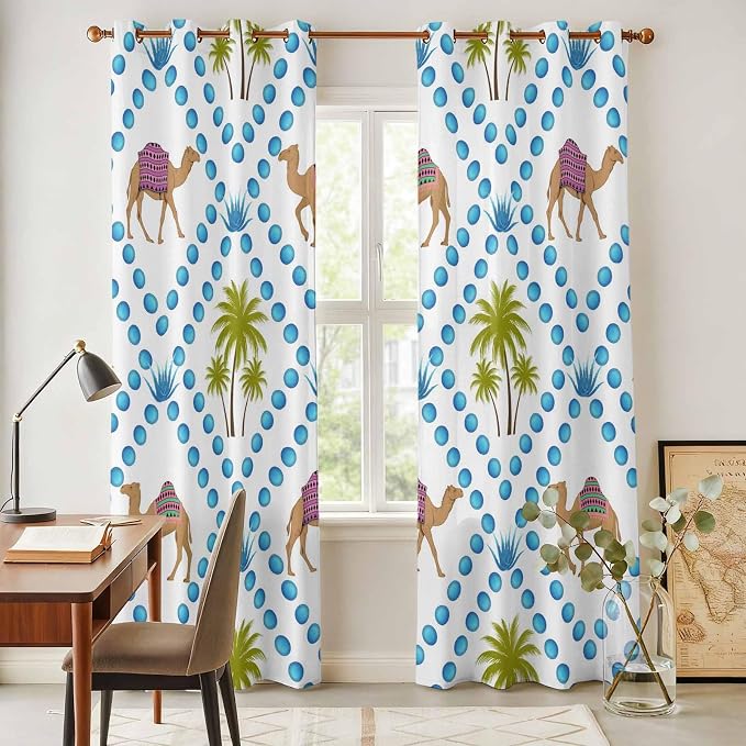 2 Panel Kitchen Cafe Curtains, Camels Palm Trees Sunlight Filtering Nature Air - Image 4
